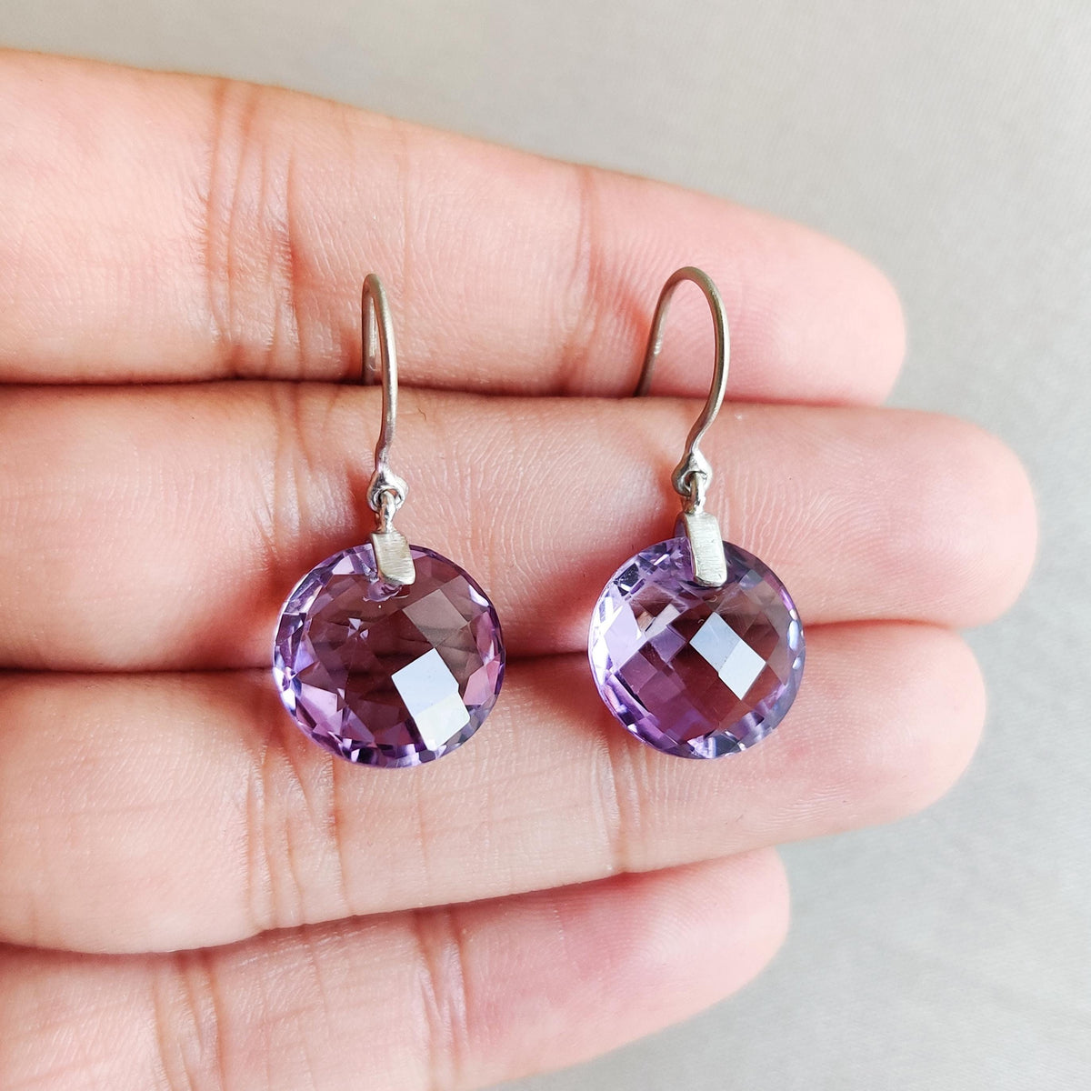 14K Solid White Gold Natural Purple Amethyst Drill Earrings, February Birthstone