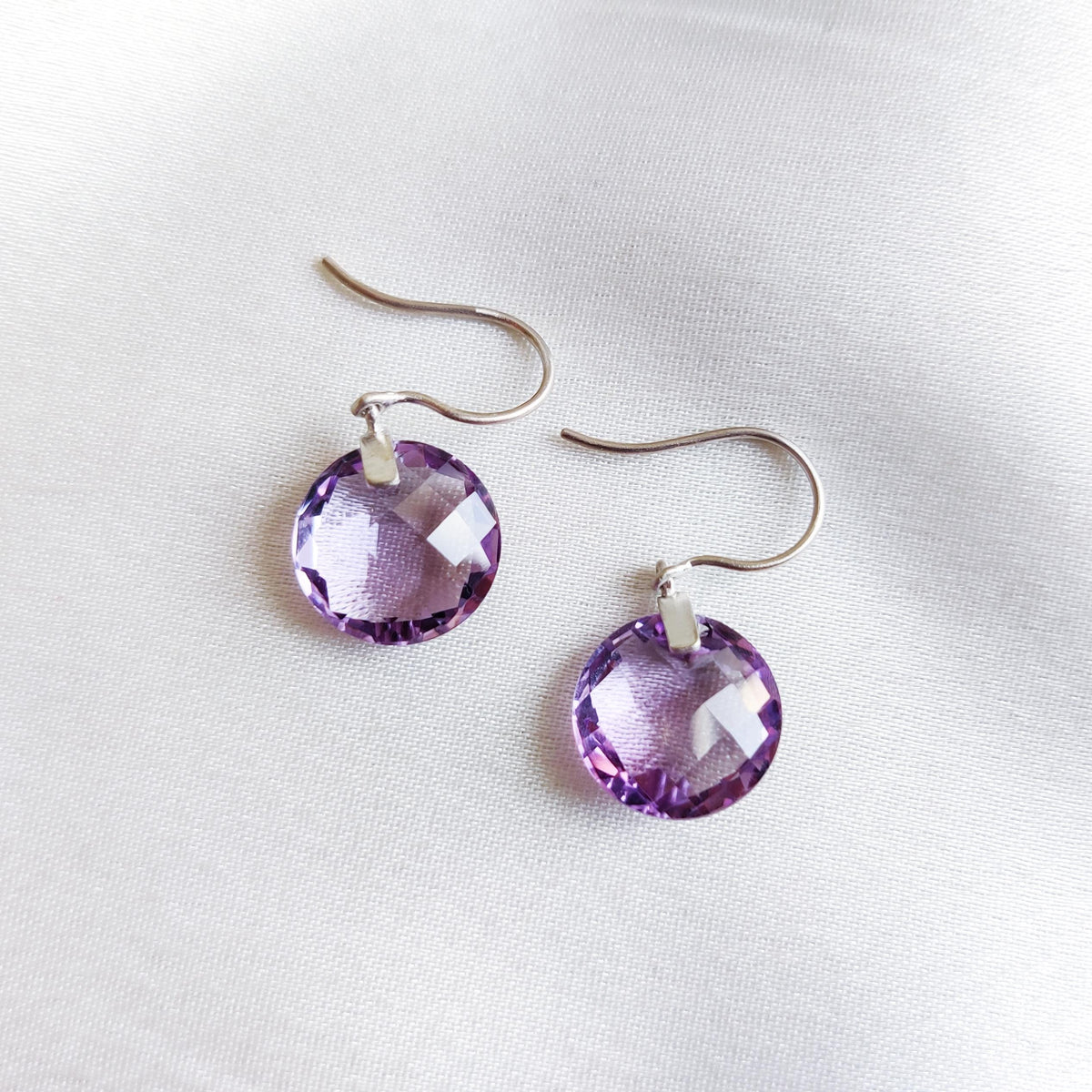 14K Solid White Gold Natural Purple Amethyst Drill Earrings, February Birthstone