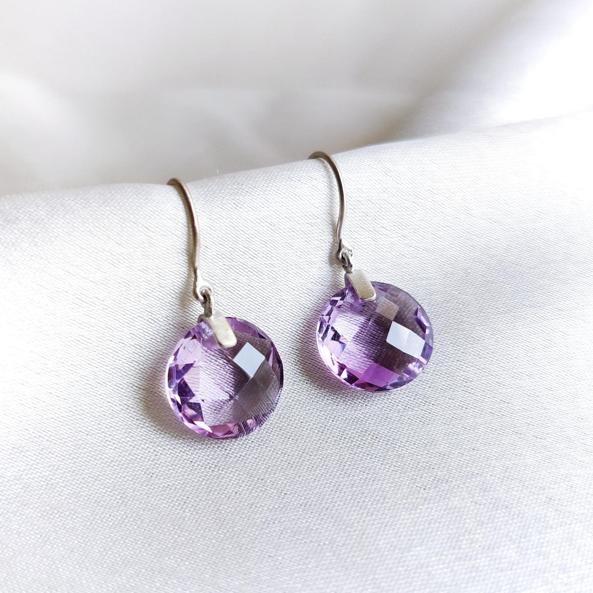 14K Solid White Gold Natural Purple Amethyst Drill Earrings, February Birthstone