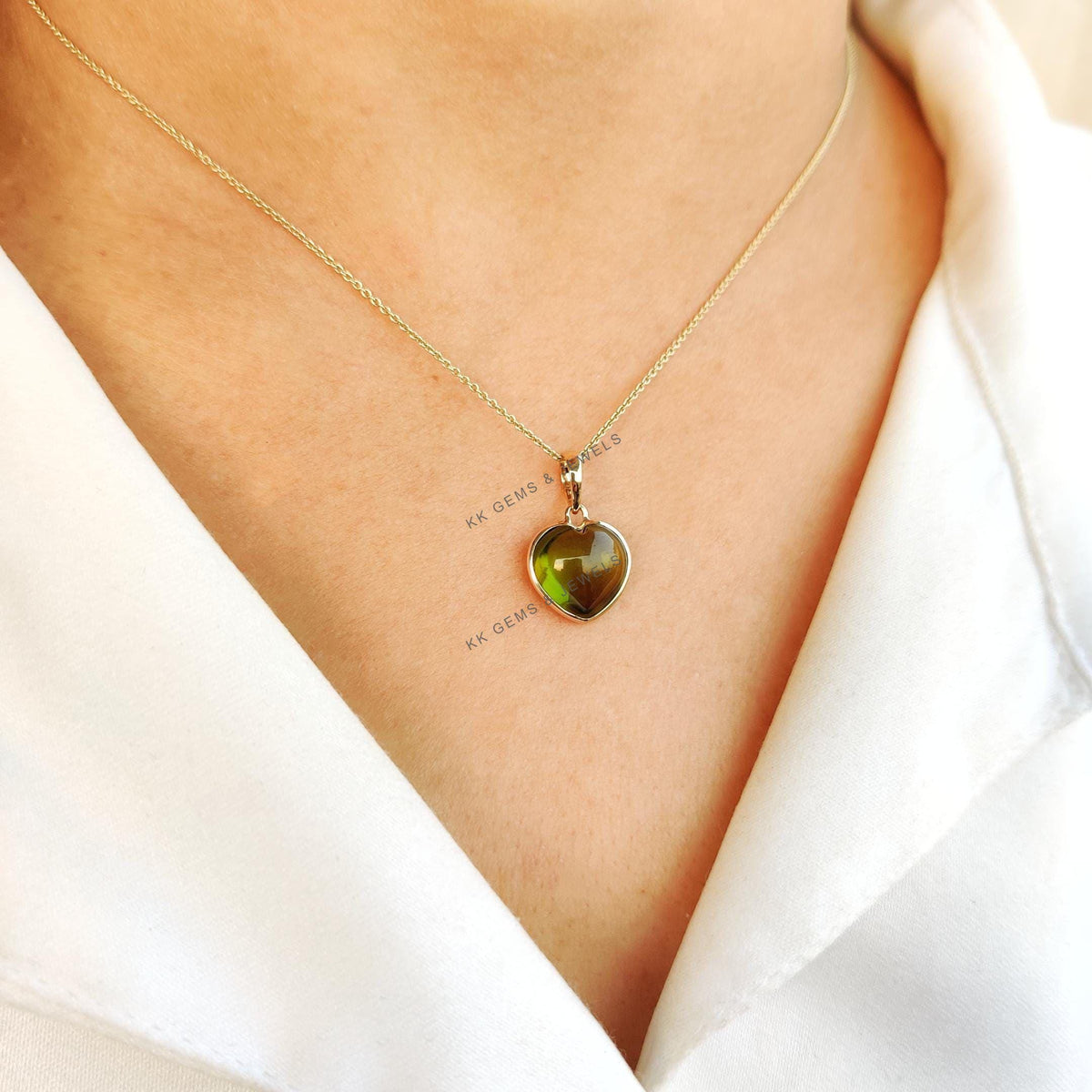 14K Solid Yellow Gold Natural Peridot Heart Pendant: August Birthstone Jewelry, Christmas Present