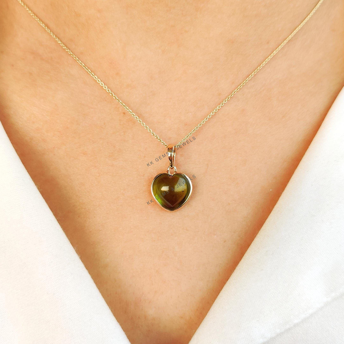 14K Solid Yellow Gold Natural Peridot Heart Pendant: August Birthstone Jewelry, Christmas Present