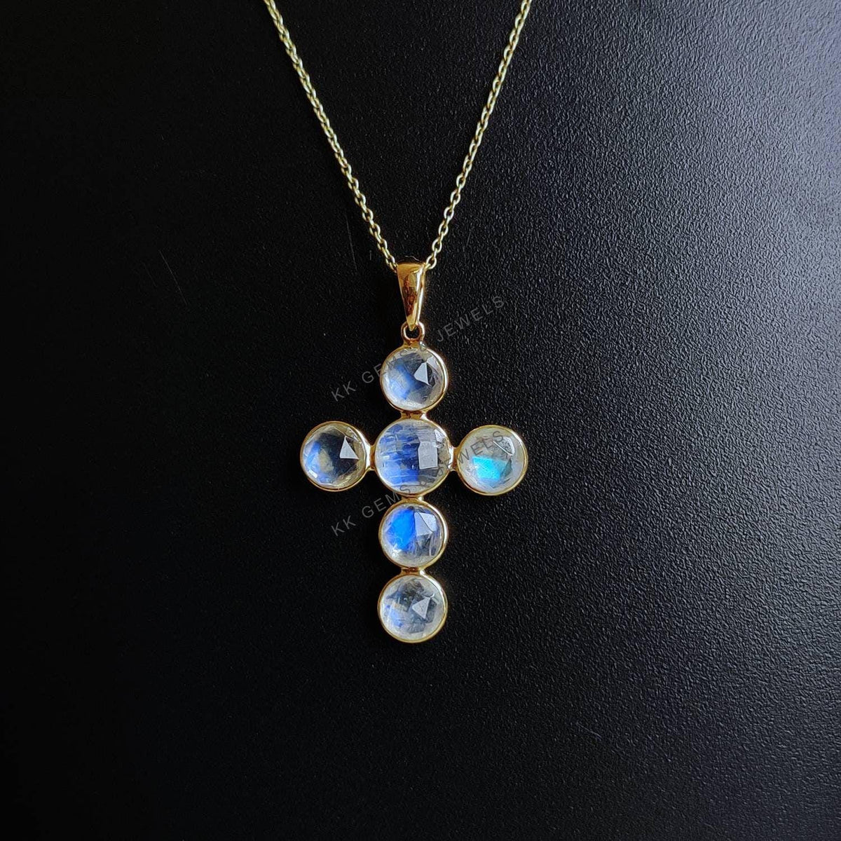 14K Solid Gold Natural Rainbow Moonstone Cross Pendant, June Birthstone Christmas Gift