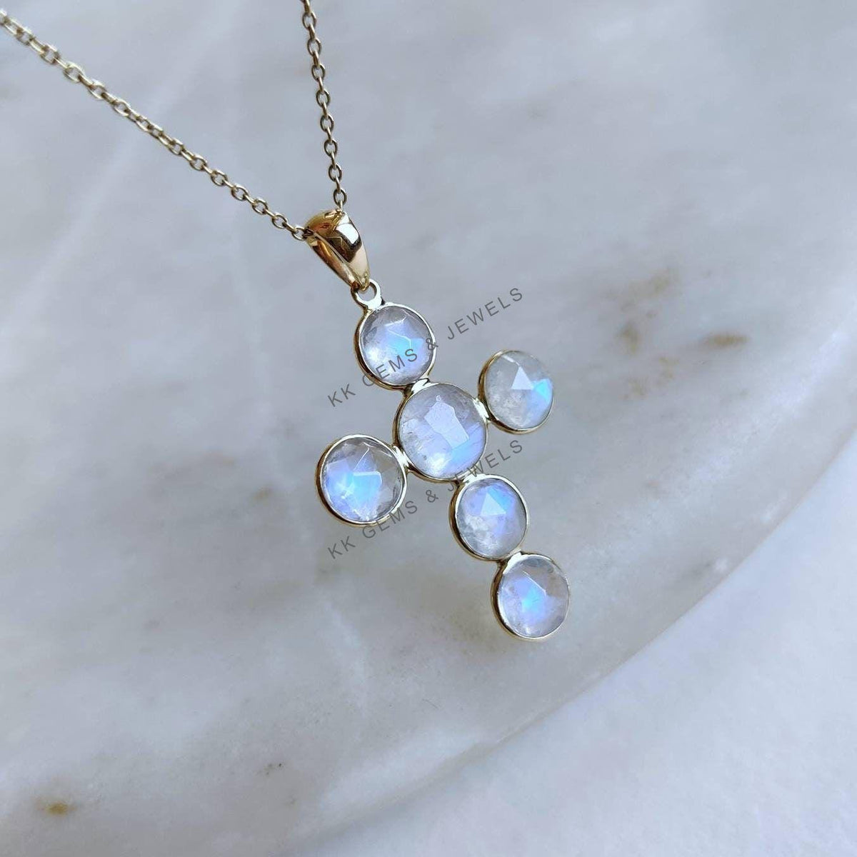 14K Solid Gold Natural Rainbow Moonstone Cross Pendant, June Birthstone Christmas Gift