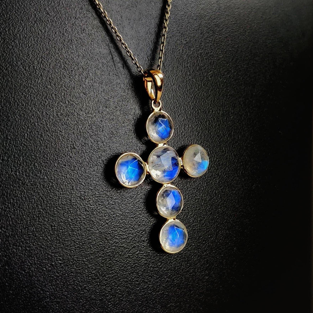 14K Solid Gold Natural Rainbow Moonstone Cross Pendant, June Birthstone Christmas Gift