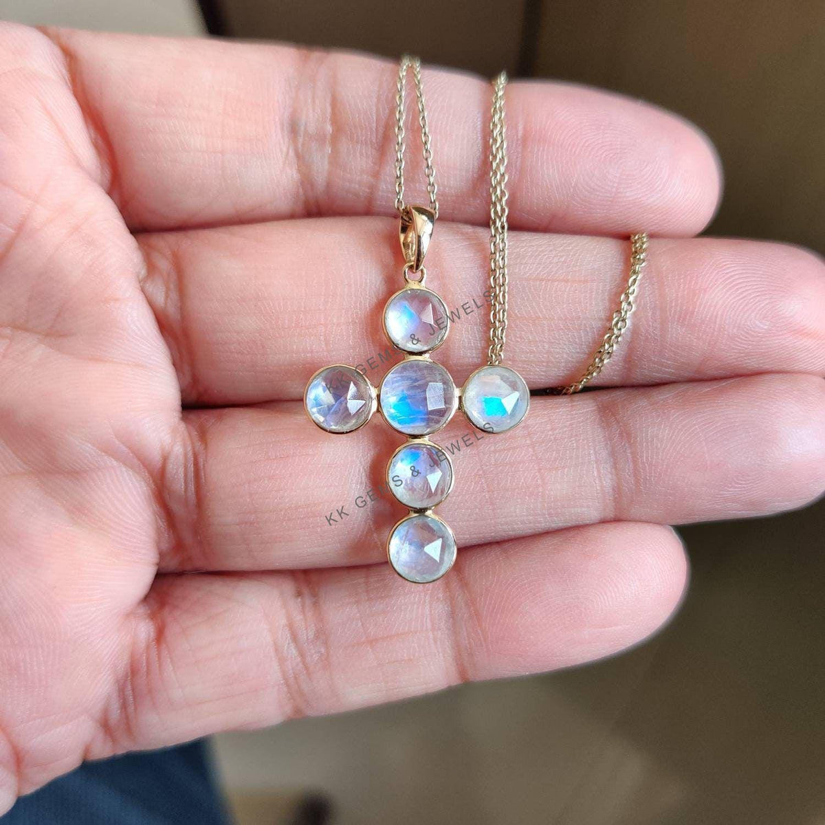14K Solid Gold Natural Rainbow Moonstone Cross Pendant, June Birthstone Christmas Gift