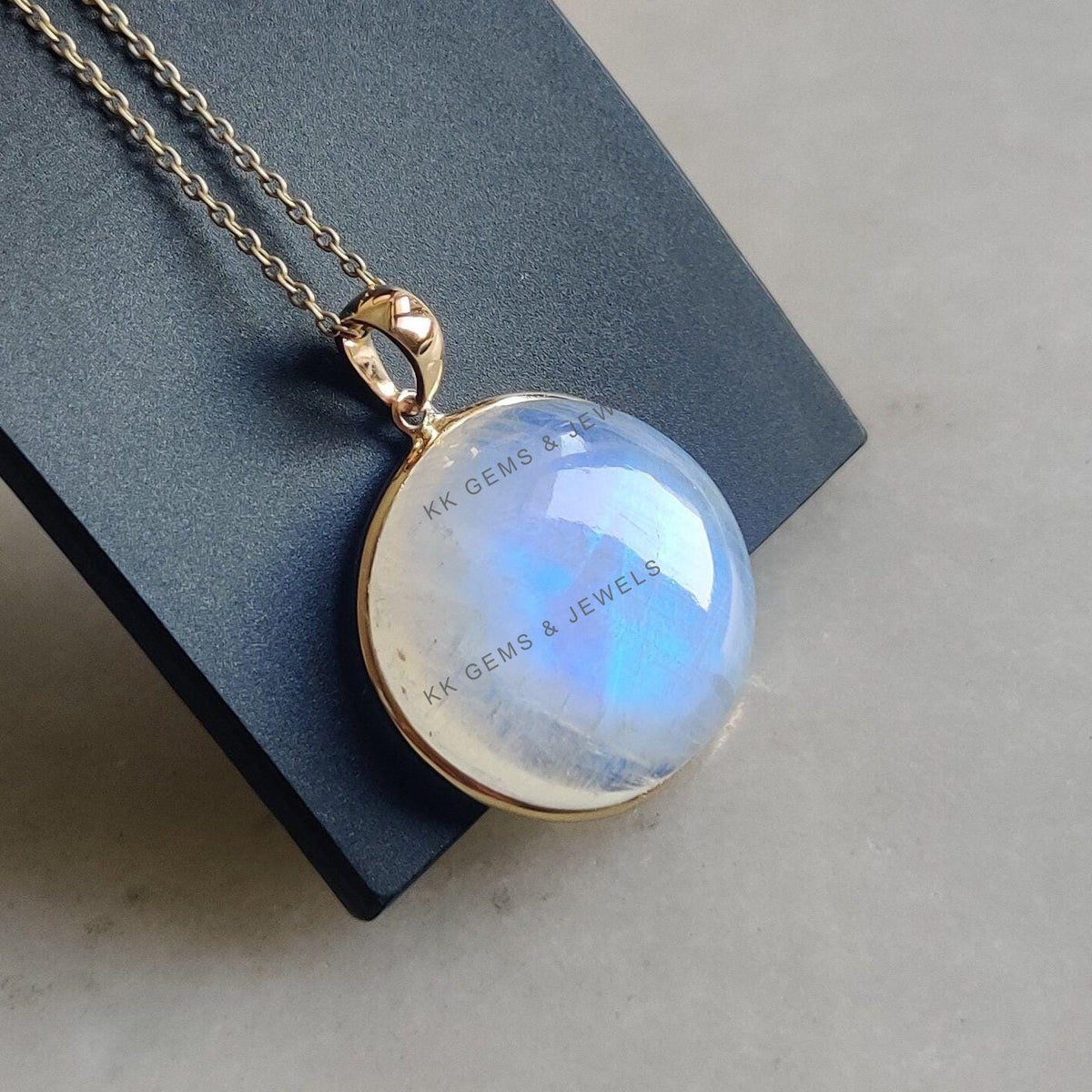 Natural Rainbow Moonstone Pendant: 14K Solid Yellow Gold Bezel, June Birthstone