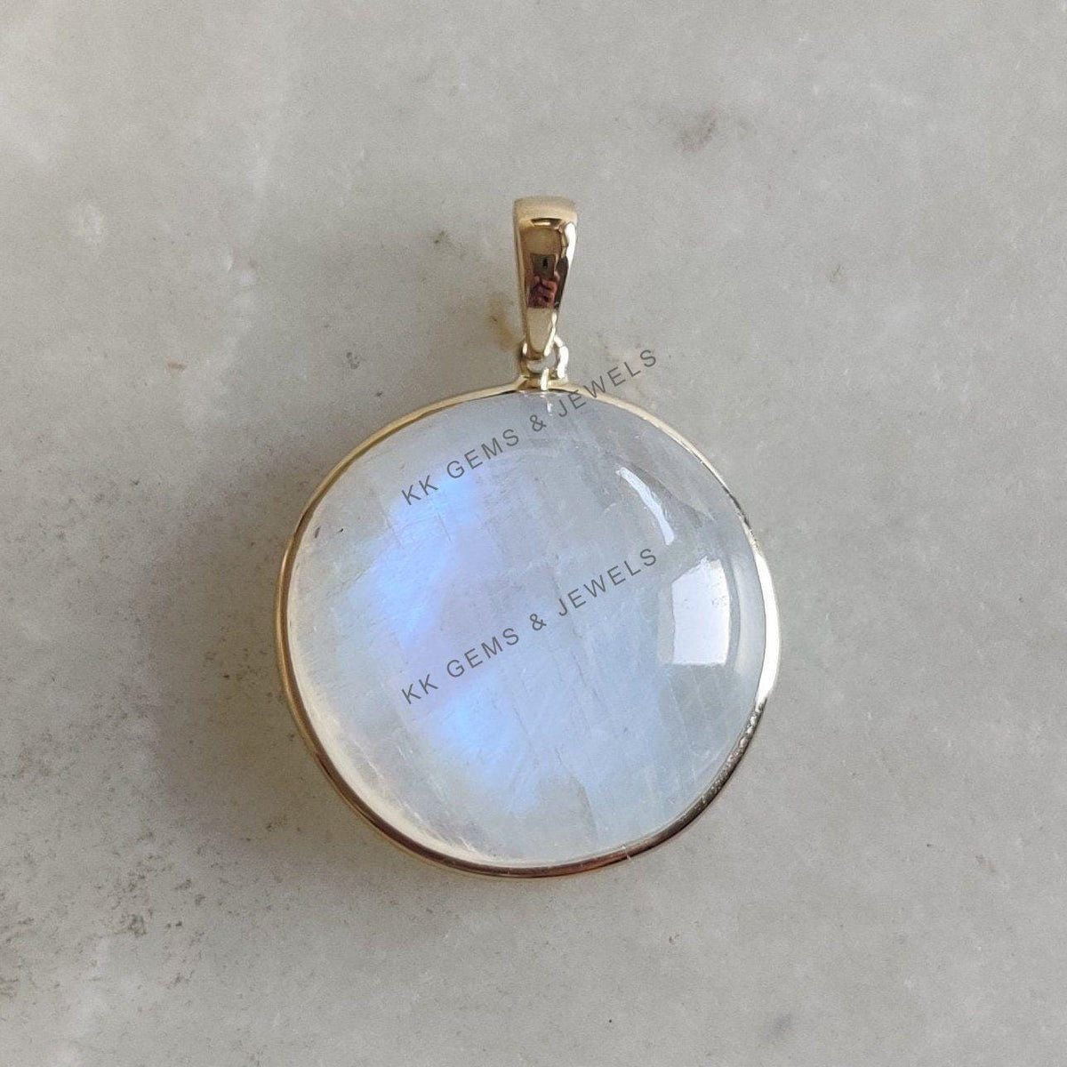 Natural Rainbow Moonstone Pendant: 14K Solid Yellow Gold Bezel, June Birthstone