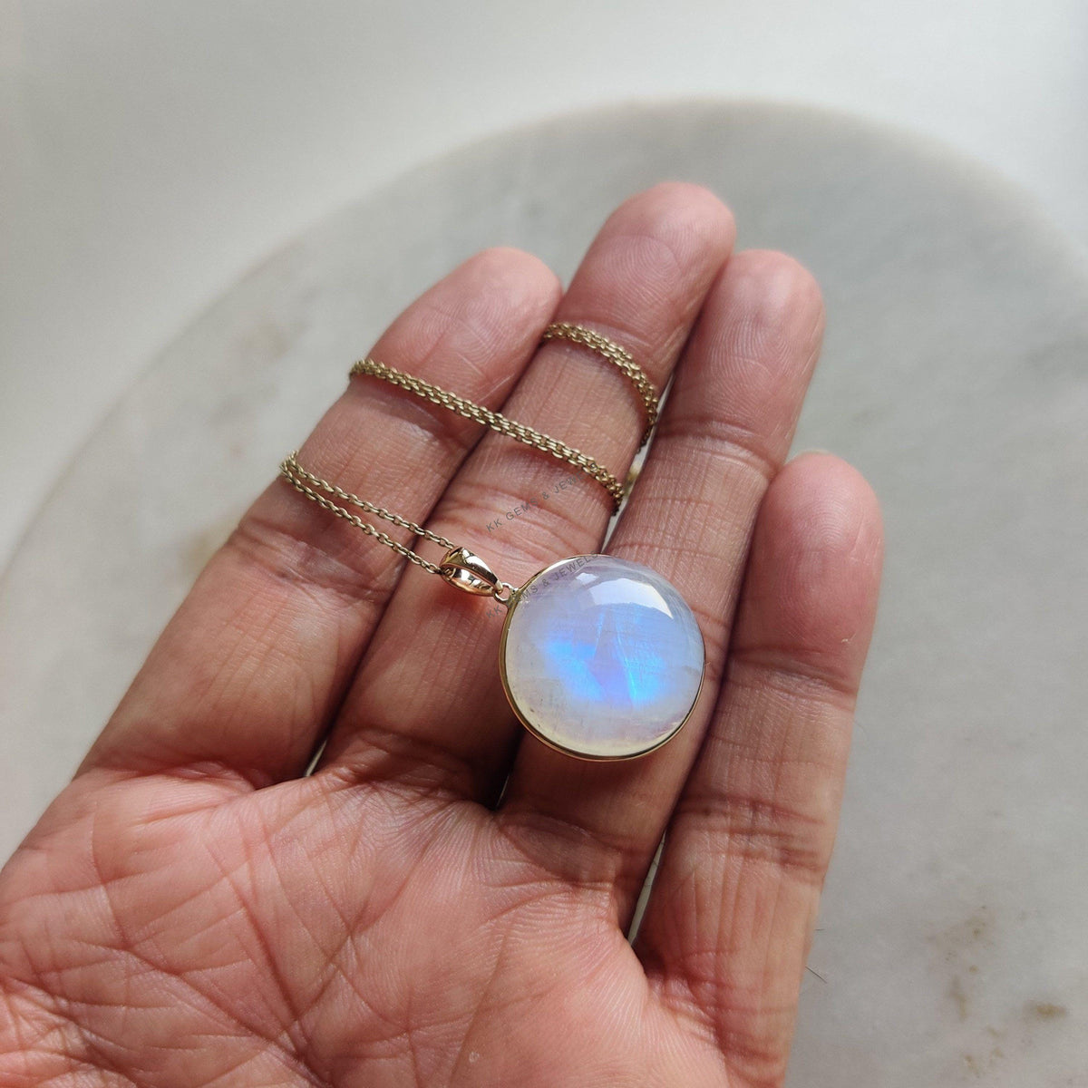 Natural Rainbow Moonstone Pendant: 14K Solid Yellow Gold Bezel, June Birthstone
