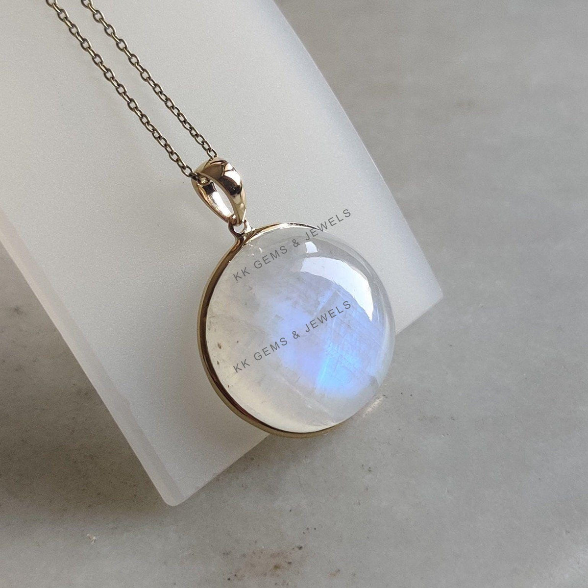 Natural Rainbow Moonstone Pendant: 14K Solid Yellow Gold Bezel, June Birthstone
