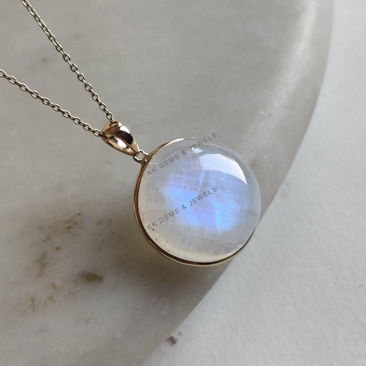 Natural Rainbow Moonstone Pendant: 14K Solid Yellow Gold Bezel, June Birthstone
