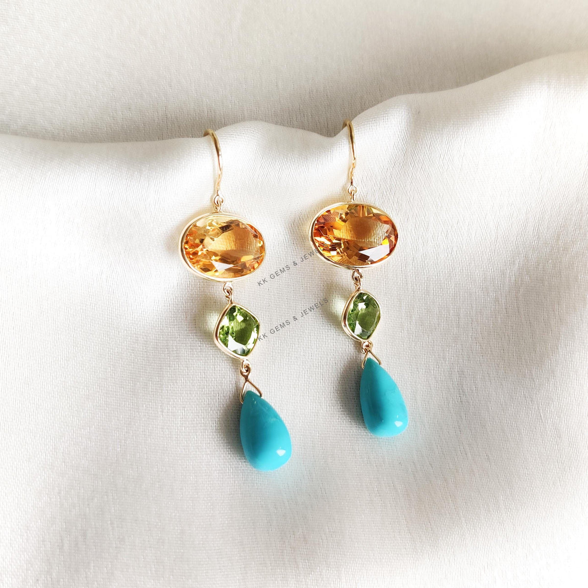 Natural Citrine & Peridot and Turquoise Bezel Earrings, 14K Solid Yellow Gold Gemstone Danglers