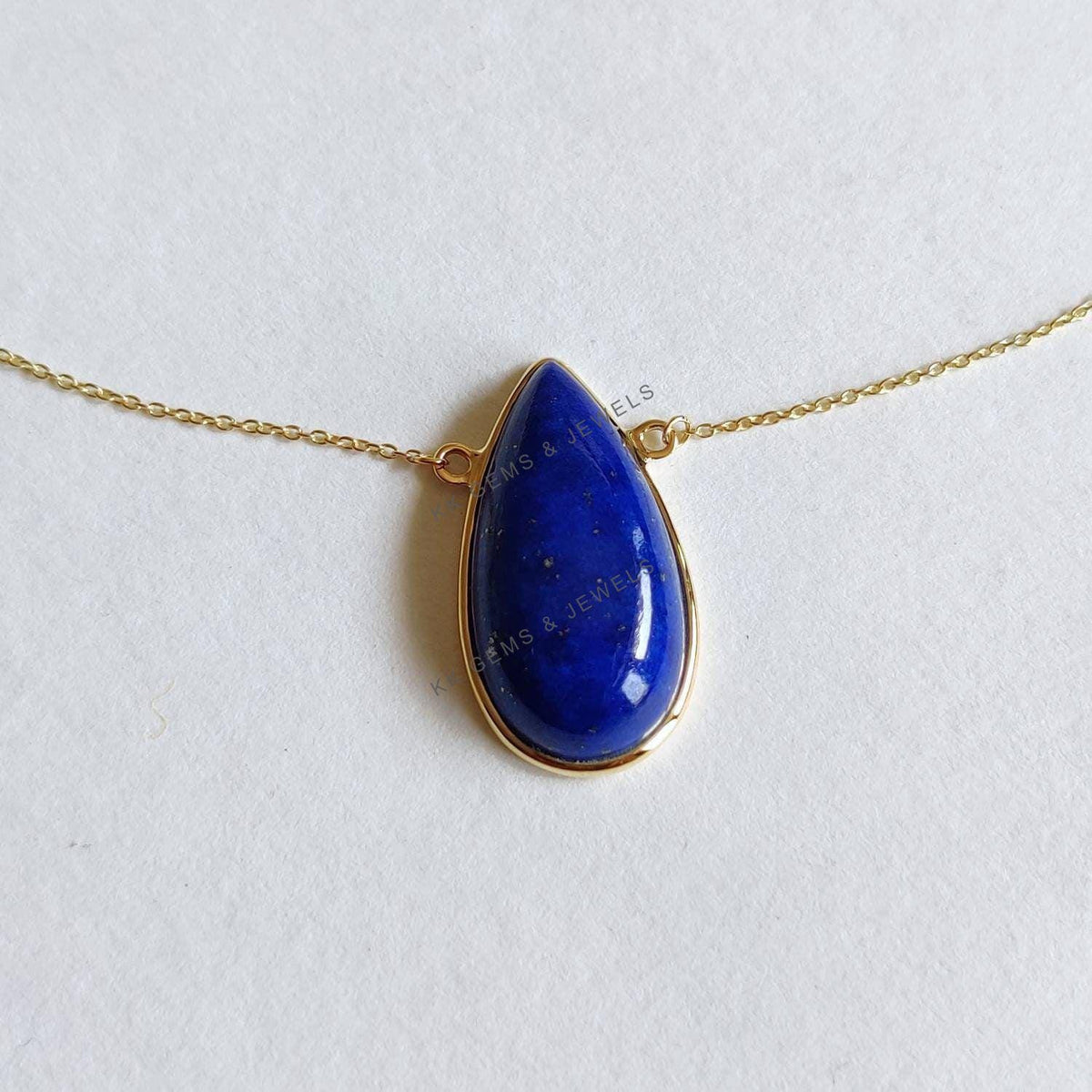 14K Solid Yellow Gold Natural Lapis Lazuli Pear Chain Necklace, September Birthstone