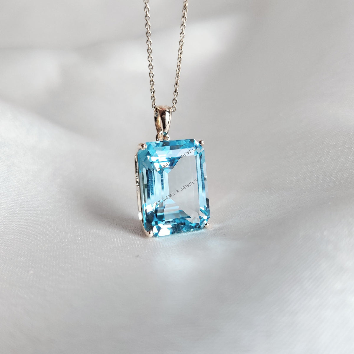 14K Solid Gold Natural Sky Blue Topaz Pendant, Octagon Gemstone, December Birthstone