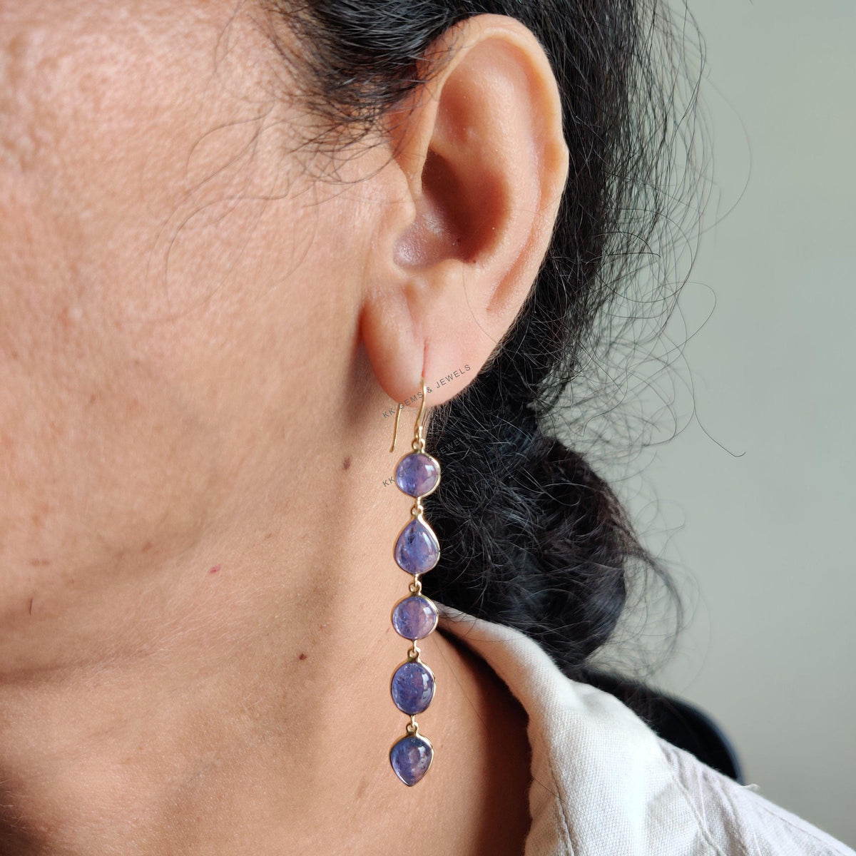 14K Solid Yellow Gold Natural Tanzanite Drop Earrings, December Birthstone