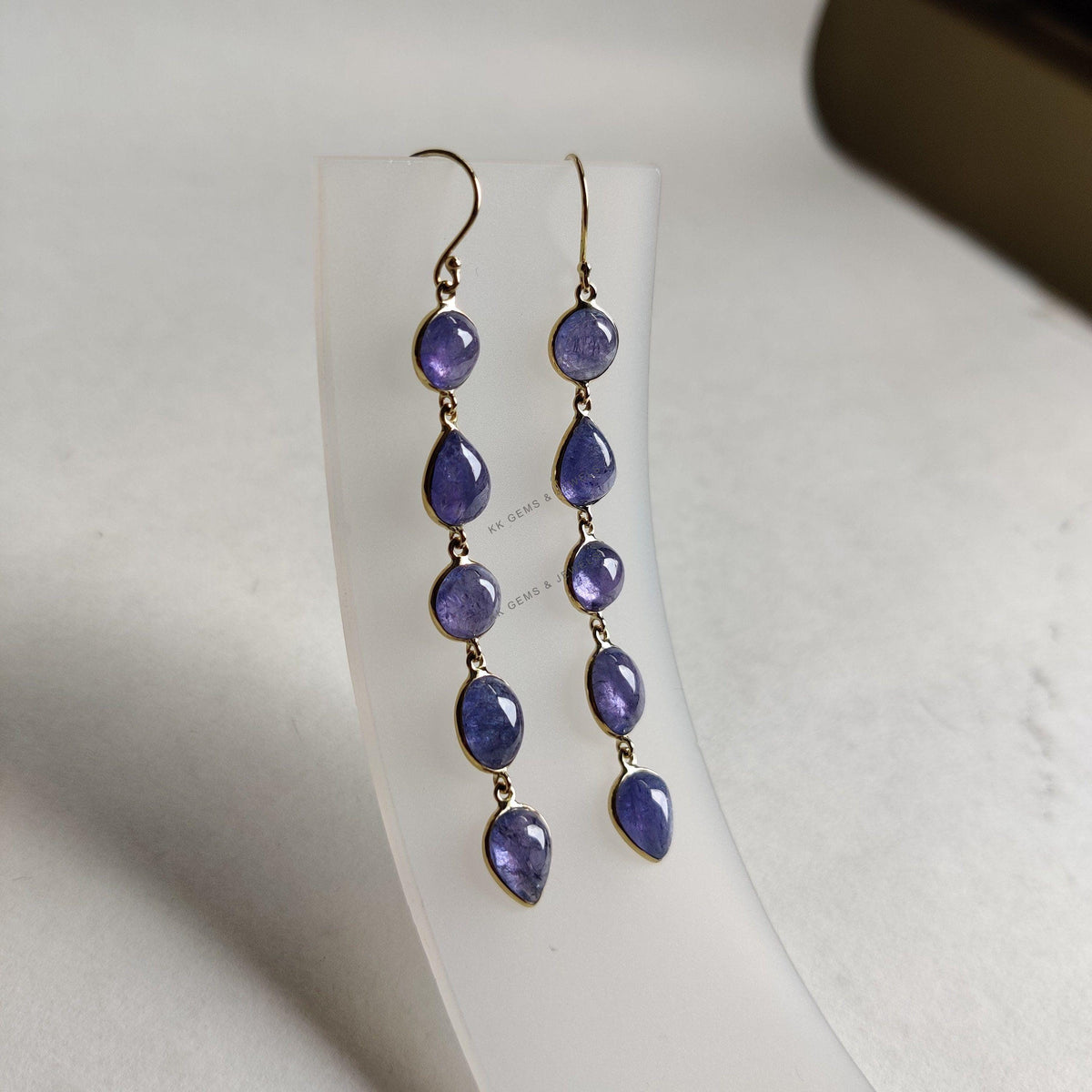 14K Solid Yellow Gold Natural Tanzanite Drop Earrings, December Birthstone