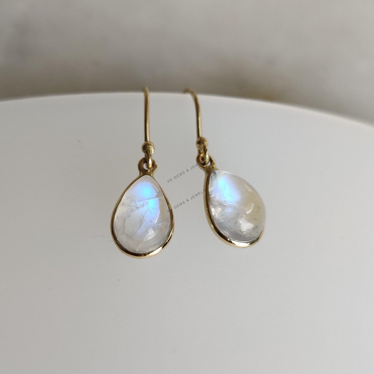 14K Solid Yellow Gold Natural Rainbow Moonstone Pear Earrings: June Birthstone