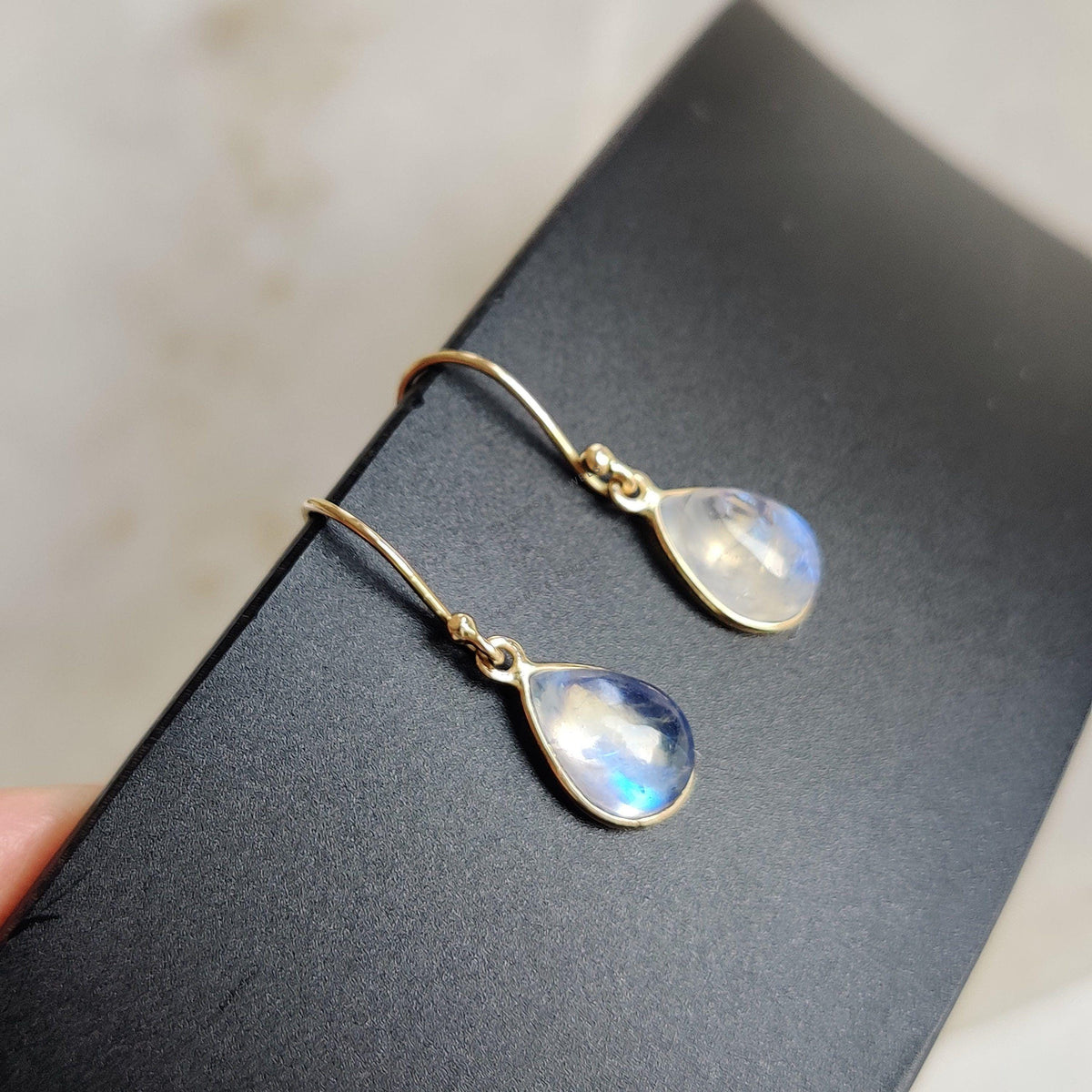 14K Solid Yellow Gold Natural Rainbow Moonstone Pear Earrings: June Birthstone