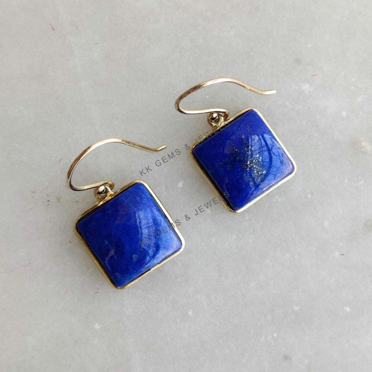 14K Solid Yellow Gold Natural Lapis Lazuli Earrings: Square Bezel Set, September Birthstone