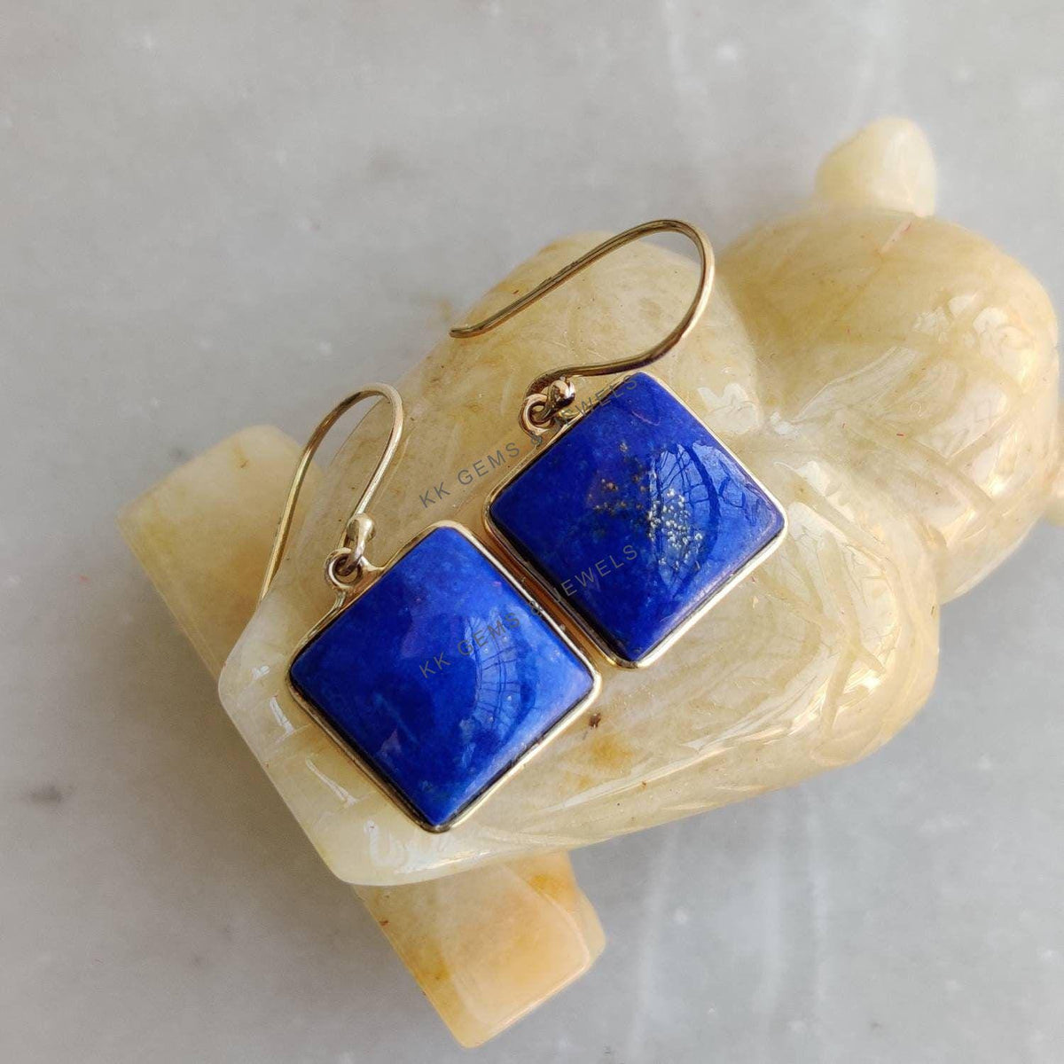14K Solid Yellow Gold Natural Lapis Lazuli Earrings: Square Bezel Set, September Birthstone
