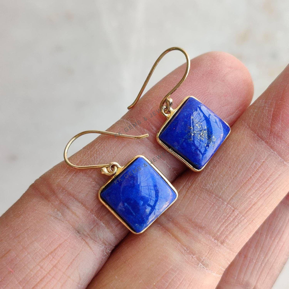14K Solid Yellow Gold Natural Lapis Lazuli Earrings: Square Bezel Set, September Birthstone