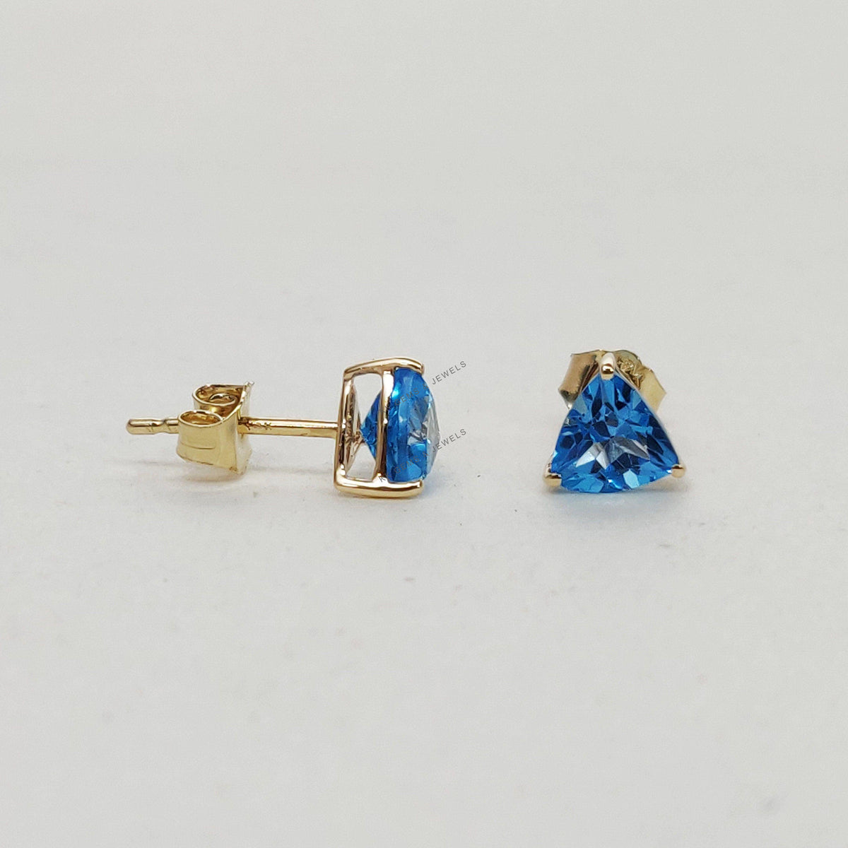 Natural Swiss Blue Topaz Stud Earrings, 14K Solid Yellow Gold, Trillion Cut
