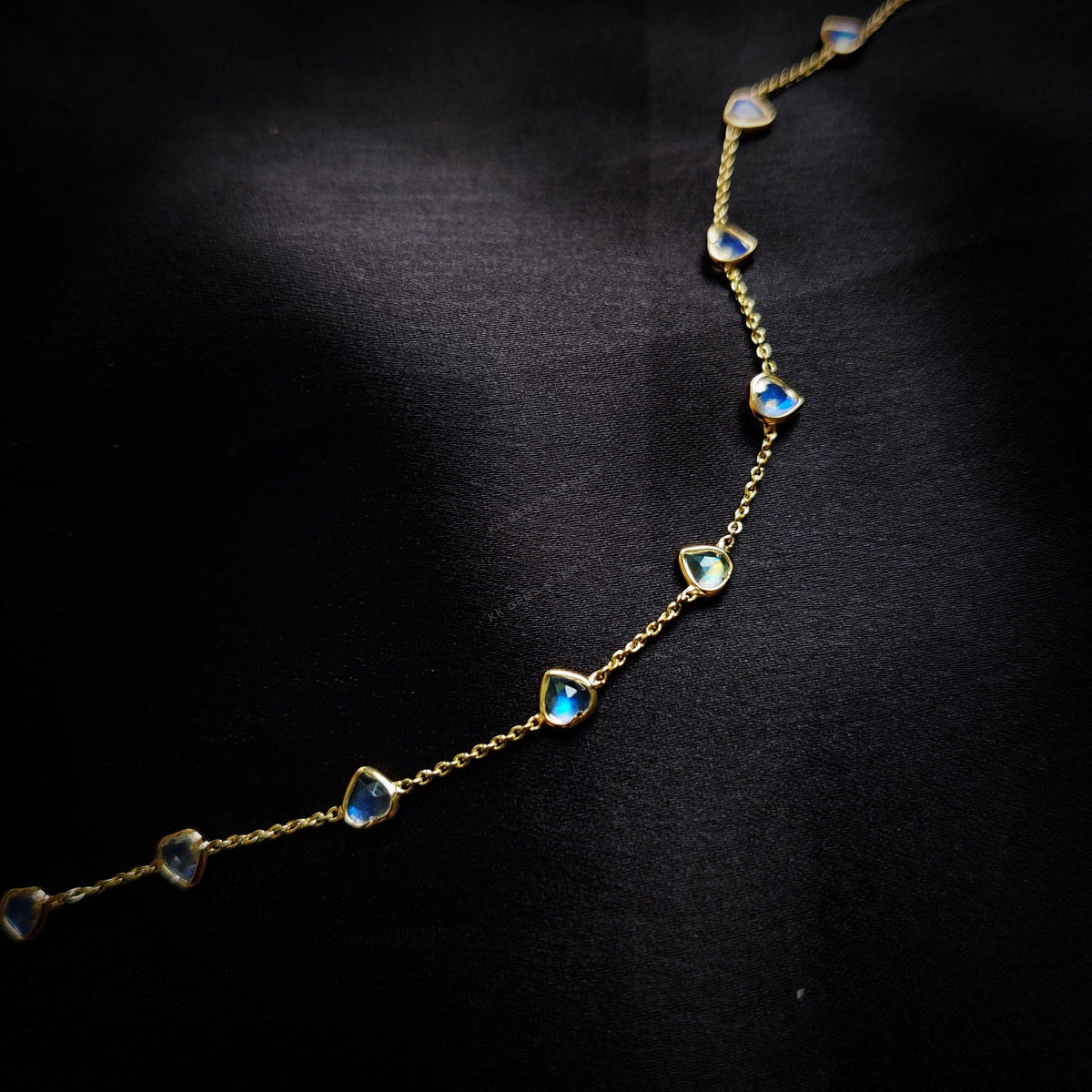 Natural Rainbow Moonstone Heart Bracelet, 14K Solid Yellow Gold Bezel, June Birthstone