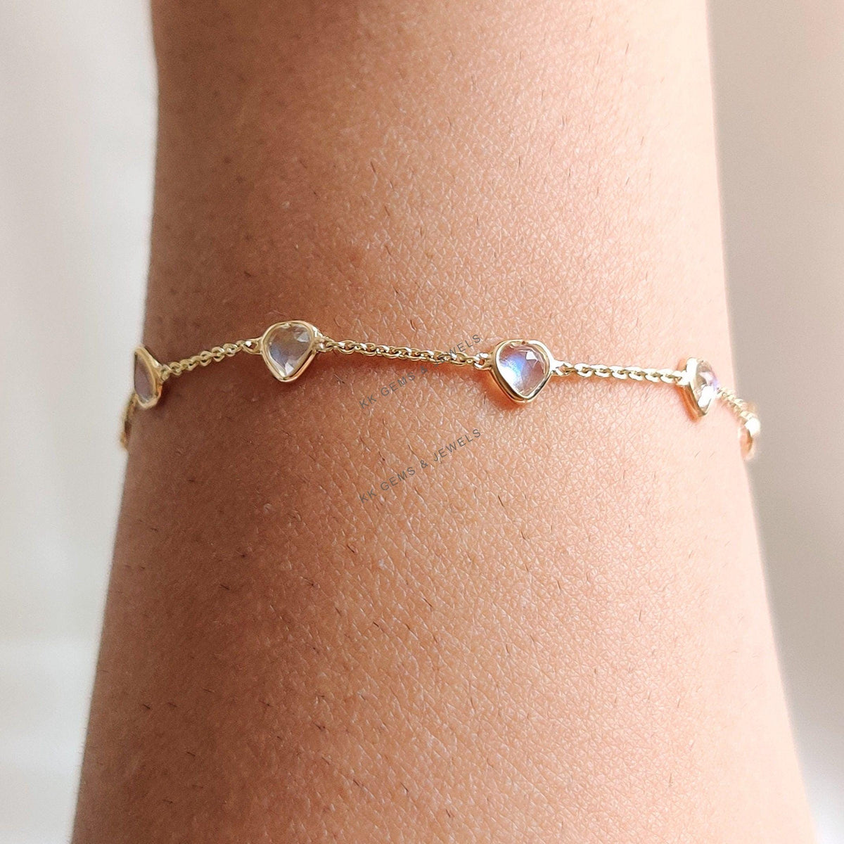 Natural Rainbow Moonstone Heart Bracelet, 14K Solid Yellow Gold Bezel, June Birthstone