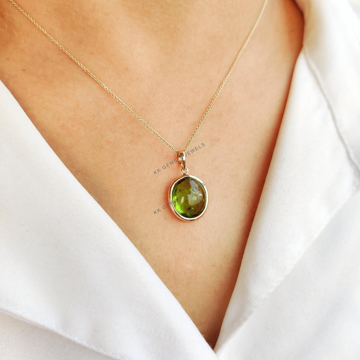 14K Solid Yellow Gold Natural Peridot Pendant, Oval Cabochon, August Birthstone