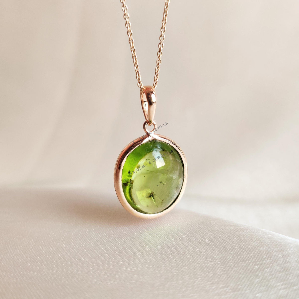 14K Solid Yellow Gold Natural Peridot Pendant, Oval Cabochon, August Birthstone