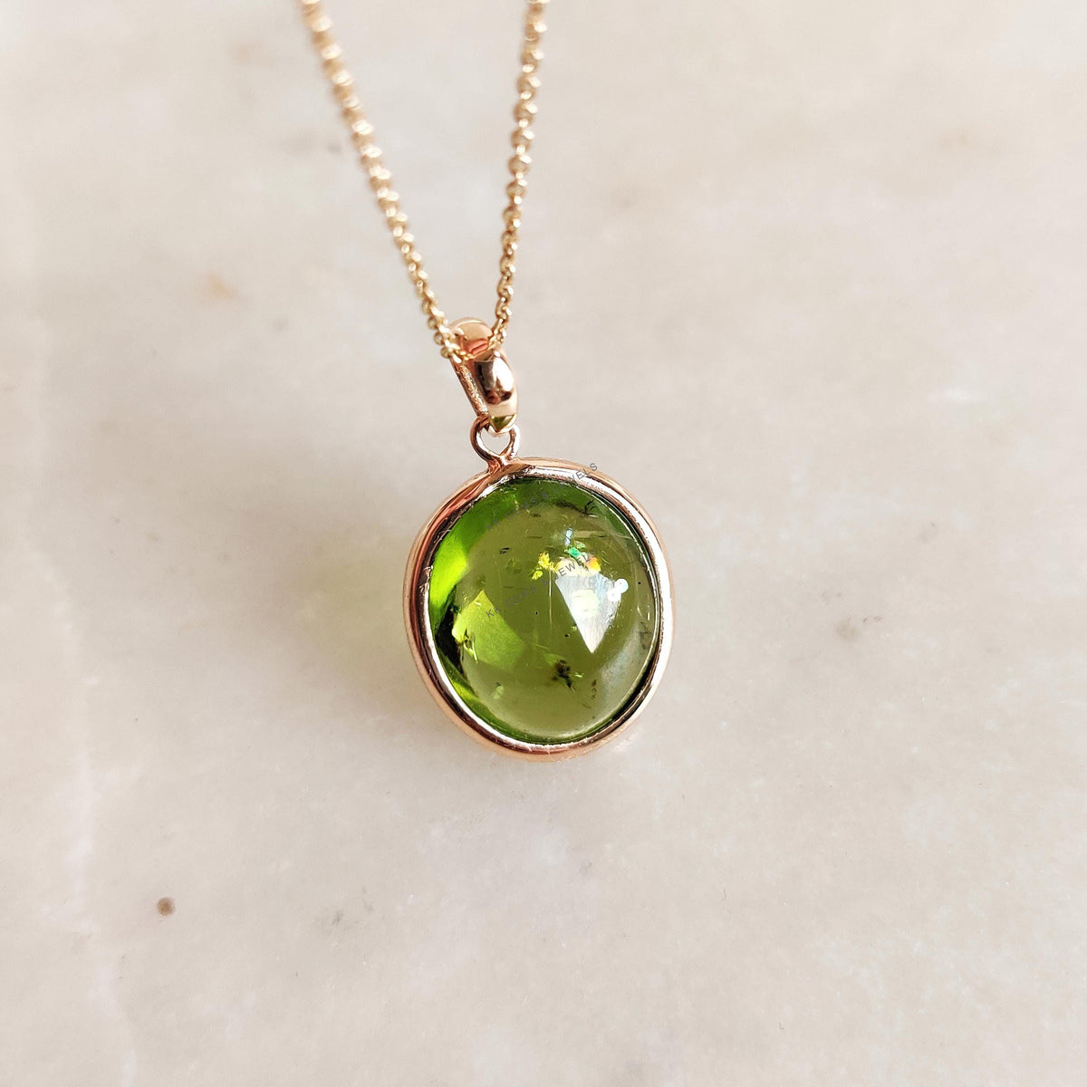14K Solid Yellow Gold Natural Peridot Pendant, Oval Cabochon, August Birthstone