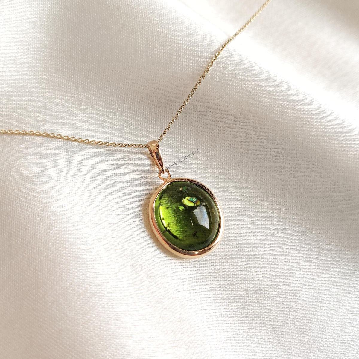 14K Solid Yellow Gold Natural Peridot Pendant, Oval Cabochon, August Birthstone
