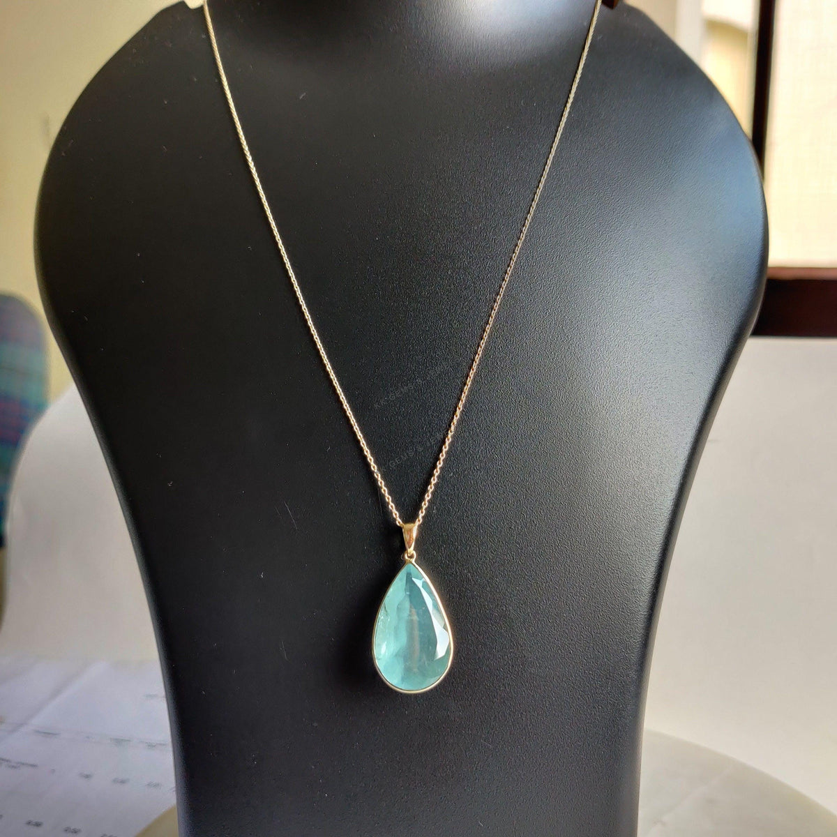 Pear Natural Aquamarine Pendant, 14K Solid Yellow Gold Bezel Pendant, March Birthstone