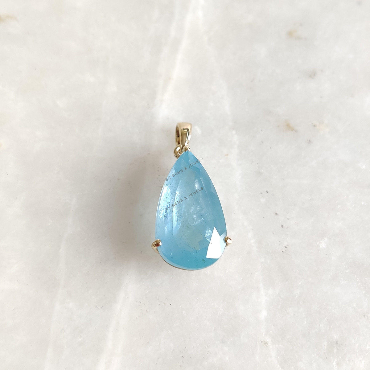 Pear Natural Aquamarine Pendant, 14K Solid Yellow Gold Prong Setting, March Birthstone