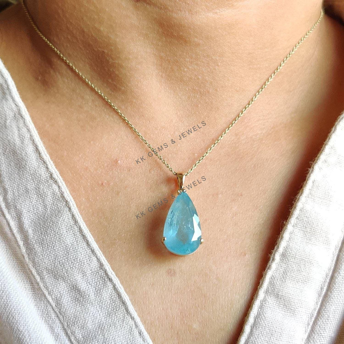 Pear Natural Aquamarine Pendant, 14K Solid Yellow Gold Prong Setting, March Birthstone