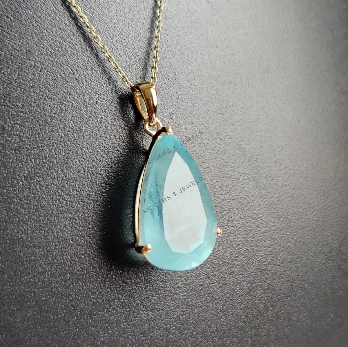 Pear Natural Aquamarine Pendant, 14K Solid Yellow Gold Prong Setting, March Birthstone