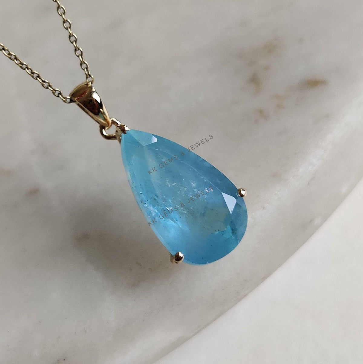 Pear Natural Aquamarine Pendant, 14K Solid Yellow Gold Prong Setting, March Birthstone