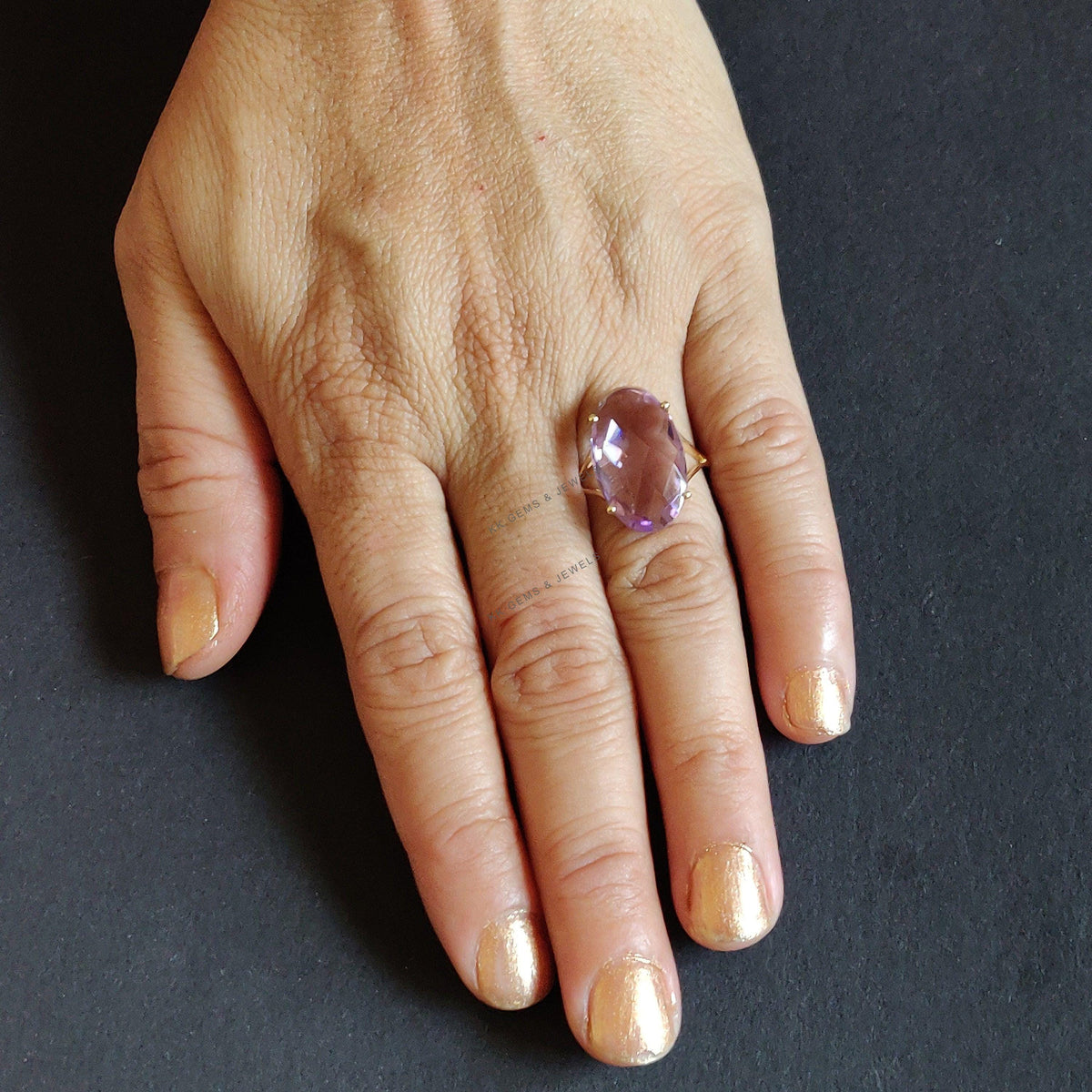 14K Solid Gold Natural Pink Amethyst Ring: Oval Ring, February Birthstone