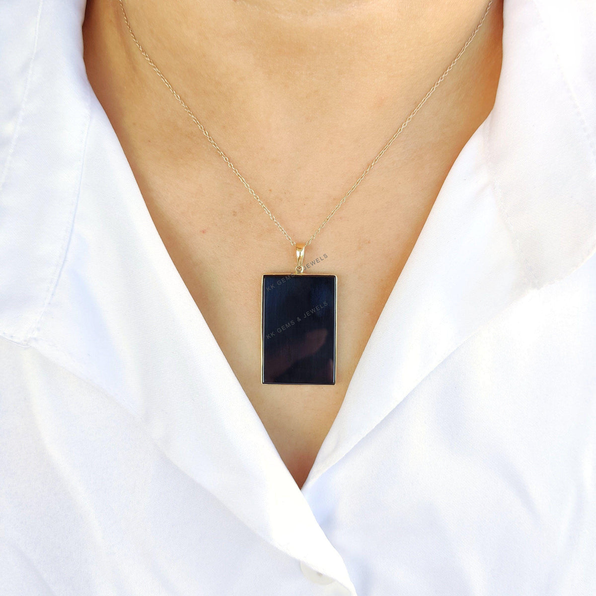 14K Solid Gold Natural Black Onyx Pendant, Rectangle December Birthstone