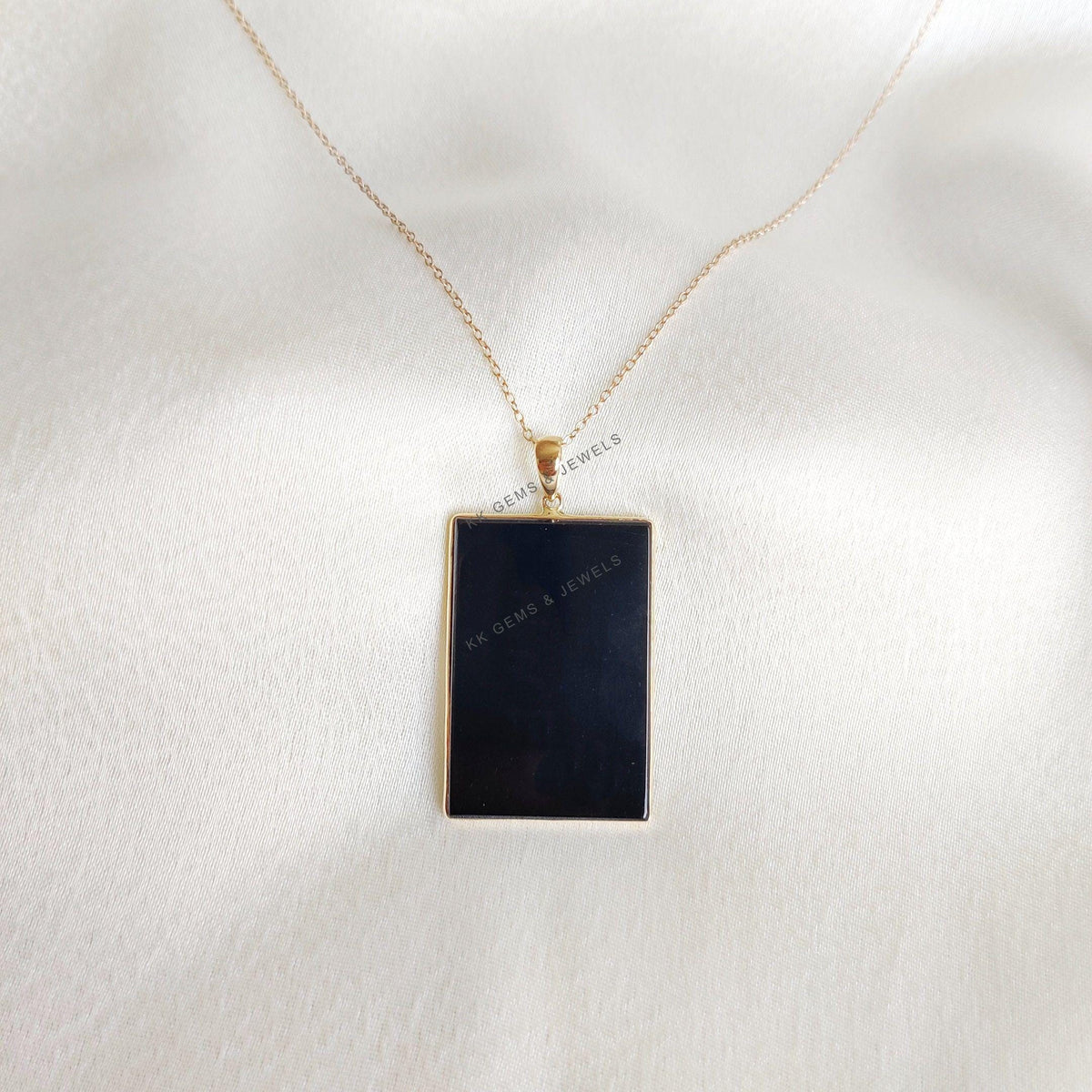 14K Solid Gold Natural Black Onyx Pendant, Rectangle December Birthstone