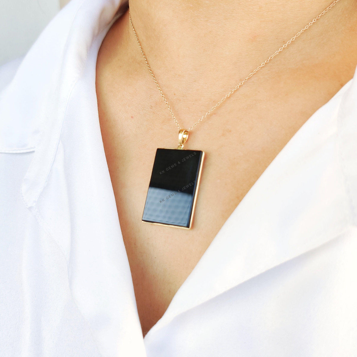 14K Solid Gold Natural Black Onyx Pendant, Rectangle December Birthstone