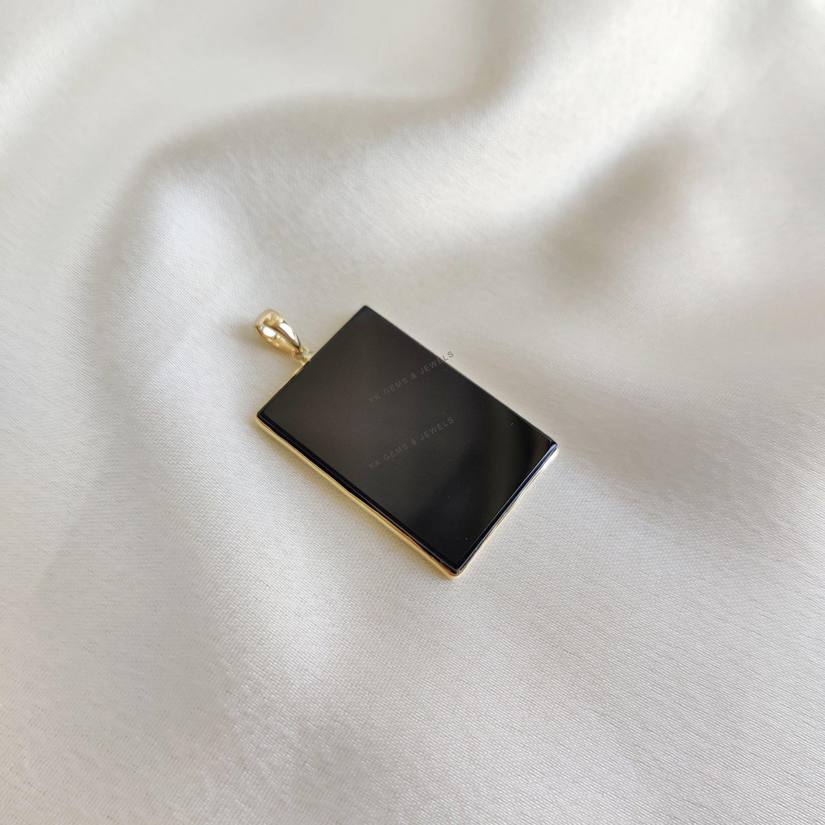 14K Solid Gold Natural Black Onyx Pendant, Rectangle December Birthstone
