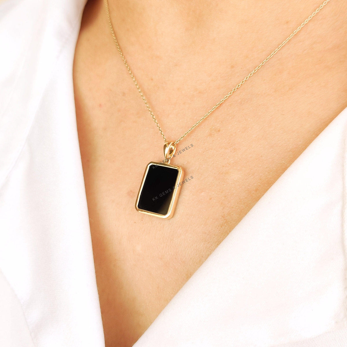 14K Solid Yellow Gold Natural Black Onyx Pendant, December Birthstone