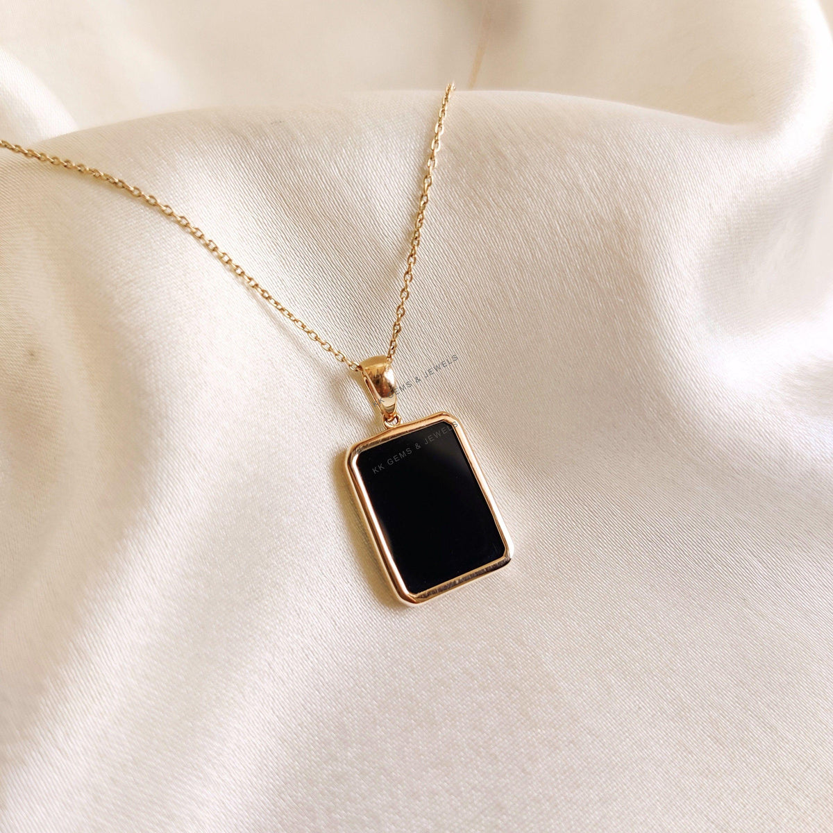 14K Solid Yellow Gold Natural Black Onyx Pendant, December Birthstone