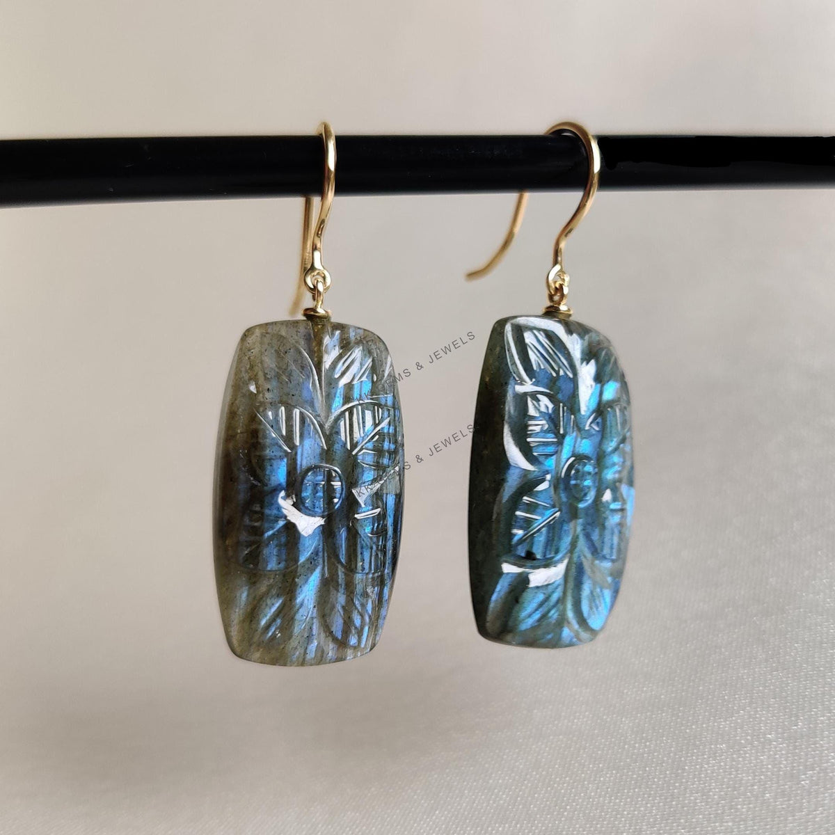 18K Solid Yellow Gold Natural Labradorite Carved Gemstone Danglers, August Birthstone