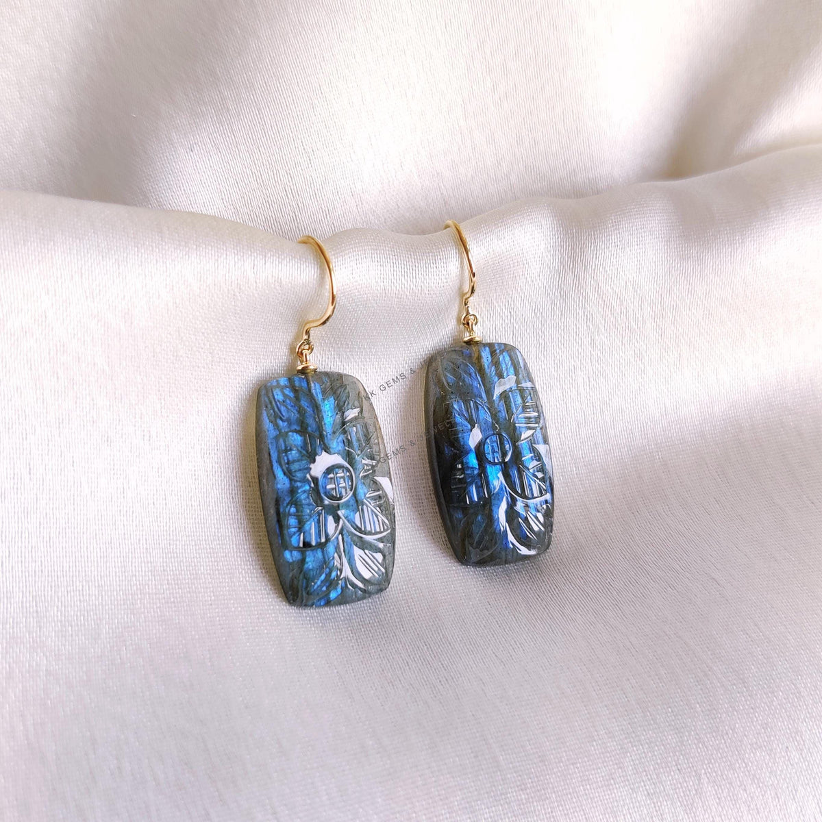 18K Solid Yellow Gold Natural Labradorite Carved Gemstone Danglers, August Birthstone