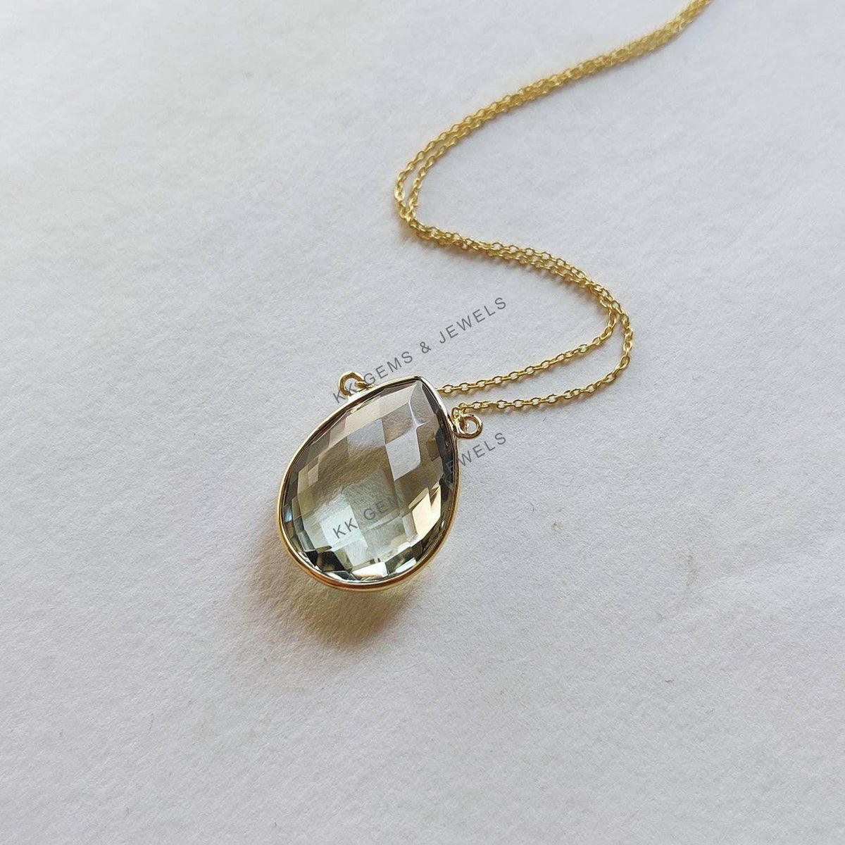 Natural Green Amethyst Chain Necklace, 14K Solid Yellow Gold, February Birthstone