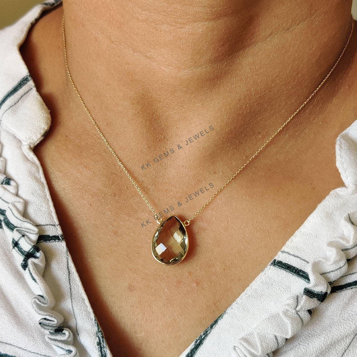 Natural Green Amethyst Chain Necklace, 14K Solid Yellow Gold, February Birthstone