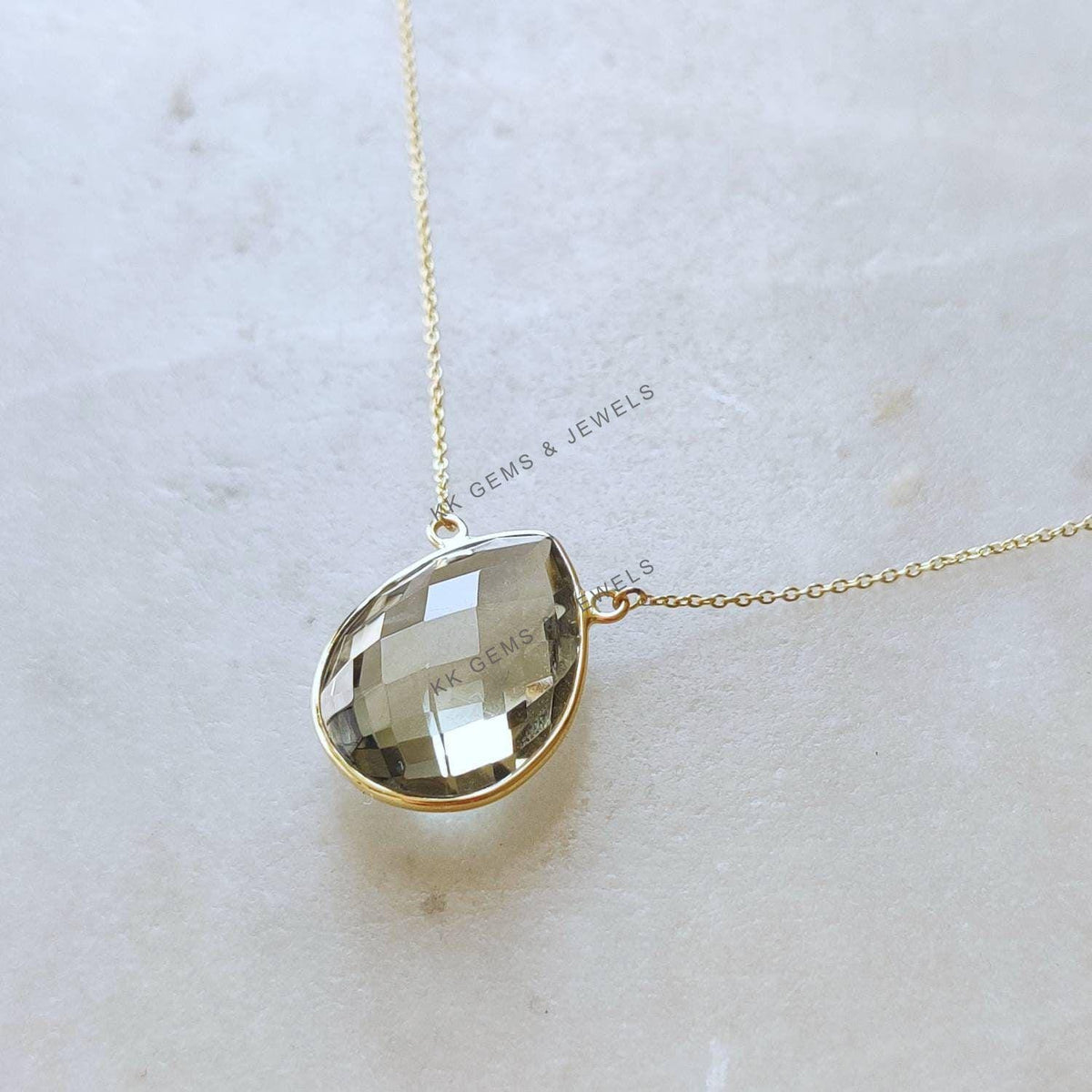 Natural Green Amethyst Chain Necklace, 14K Solid Yellow Gold, February Birthstone