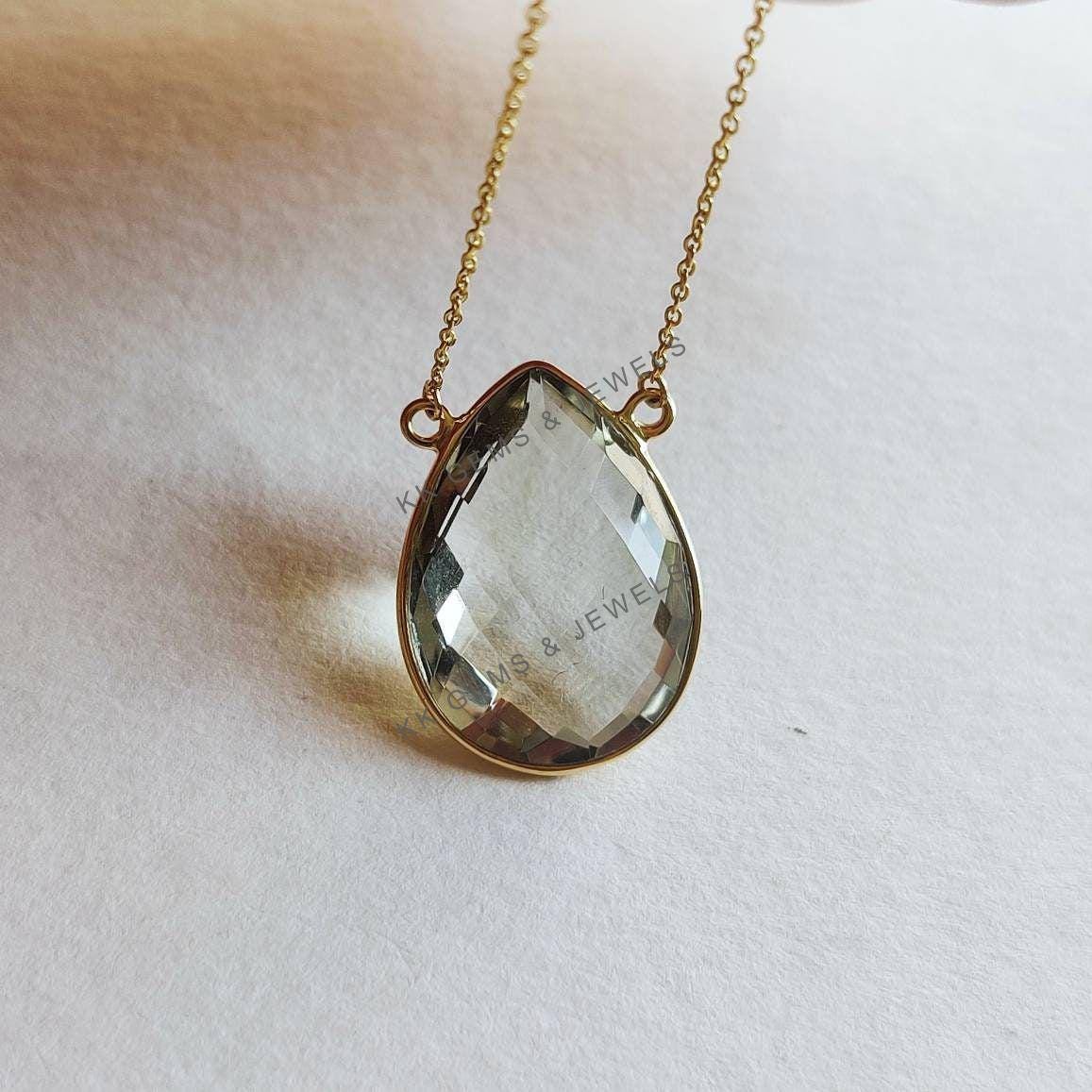 Natural Green Amethyst Chain Necklace, 14K Solid Yellow Gold, February Birthstone