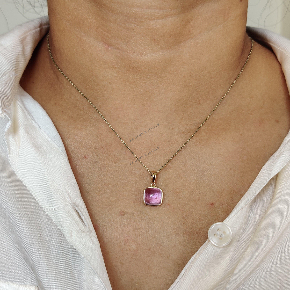 Natural Kunzite Pendant: 14K Solid Yellow Gold Square Bezel Pendant, February Birthstone